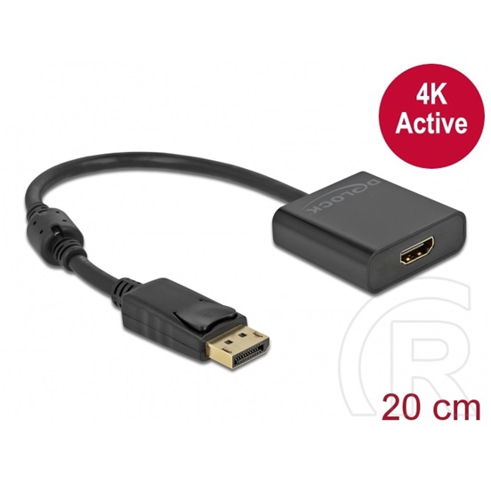 Delock DisplayPort 1.2 > HDMI aktív átalakító (1 x DisplayPort dugó / 1 x HDMI-A hüvely, 20 cm, 4K@30Hz, fekete)