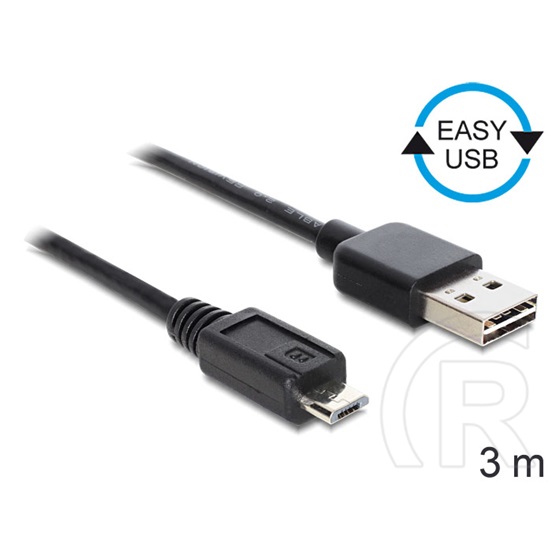 Delock USB 2.0 kábel (A dugó / mikro-B dugó, 3 m, Easy-USB, fekete)