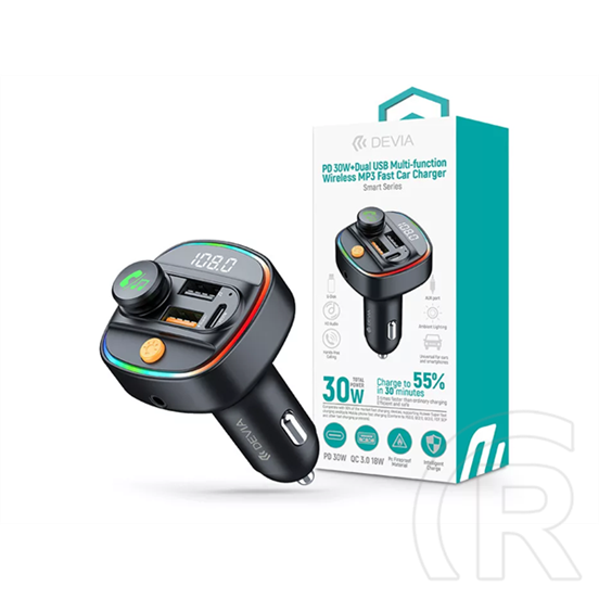 Devia C4S FM-transmitter/autós gyorstöltő 30W (Bluetooth 5.3, PD 30W, QC 18W, 2xUSB, AUX, MP3, fekete)