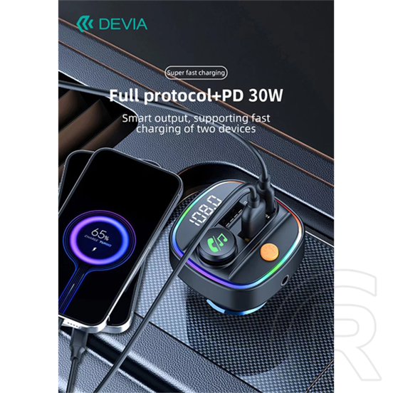 Devia C4S FM-transmitter/autós gyorstöltő 30W (Bluetooth 5.3, PD 30W, QC 18W, 2xUSB, AUX, MP3, fekete)