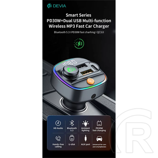 Devia C4S FM-transmitter/autós gyorstöltő 30W (Bluetooth 5.3, PD 30W, QC 18W, 2xUSB, AUX, MP3, fekete)