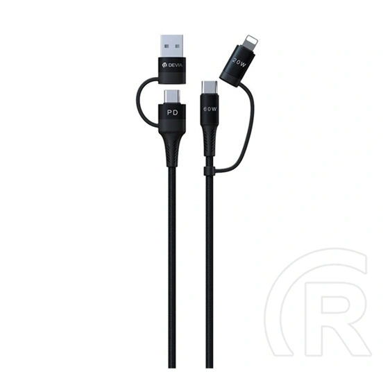 Devia Extreme 4in1 adatkábel (type-c/usb - lightning/type-c, 60w, PD gyorstöltés, cipőfűző, 150cm, fekete)