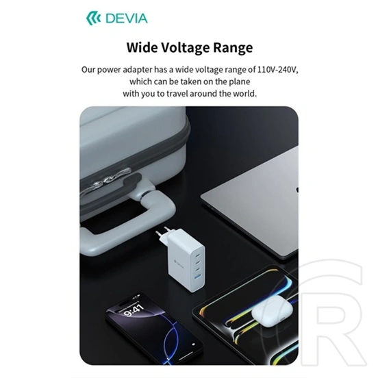 Devia Extreme Speed Series RCE-10001 hálózati adapter (USB-A + 3x USB-C, PD, 100W, GaN, fehér)