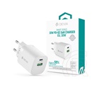 Devia GaN ST386718 hálózati töltő adapter (USB A + C aljzat, QC Quick Charger, 30W, fehér)