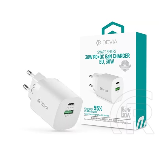 Devia GaN ST386718 hálózati töltő adapter (USB A + C aljzat, QC Quick Charger, 30W, fehér)