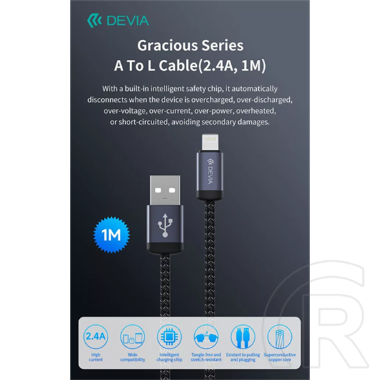 Devia Gracious v2 adat- és töltőkábel (USB / Lightning dugó, 12W, 1 m, fekete)