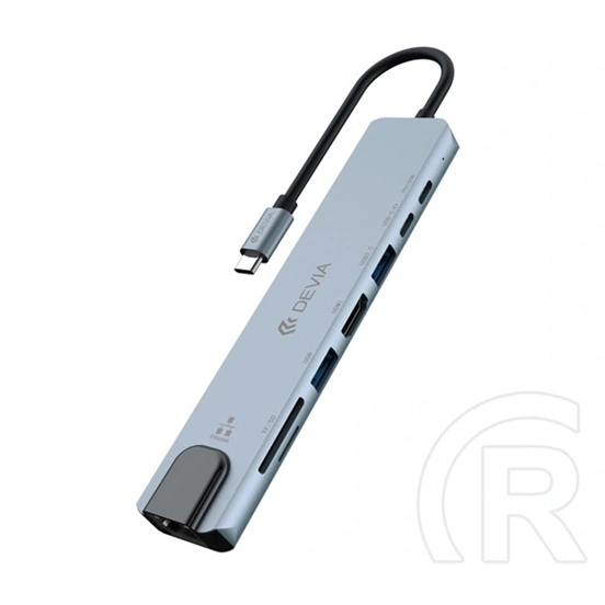 Devia Pro1 Type-C hub 8in1 (elosztó, 2 USB, 2 Type-C, HDMI, RJ45, SD/microSD kártyaolvasó, 100W, PD gyorstöltő, szürke)
