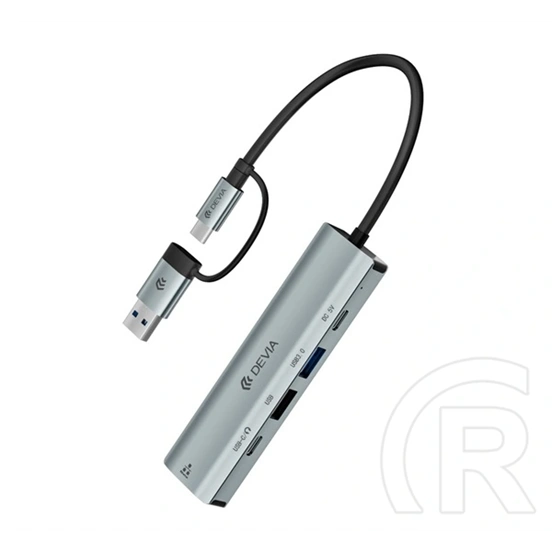 Devia Pro2 usb+type-c hub 5in1 (elosztó, 2 usb, 2 type-c, RJ45 aljzat, 100W, PD gyorstöltő, szürke)