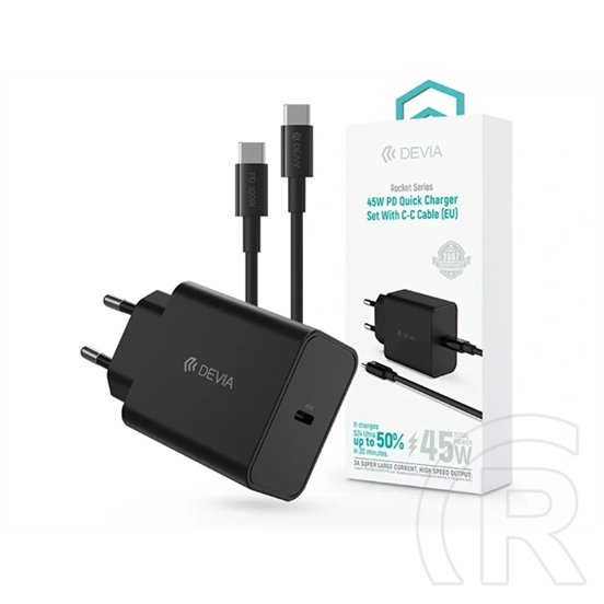 Devia Rocket ST111141 asztali töltő (45w, PD, QC, Type-C/Type-C kábel 1,5m, adatátvitel, fekete)