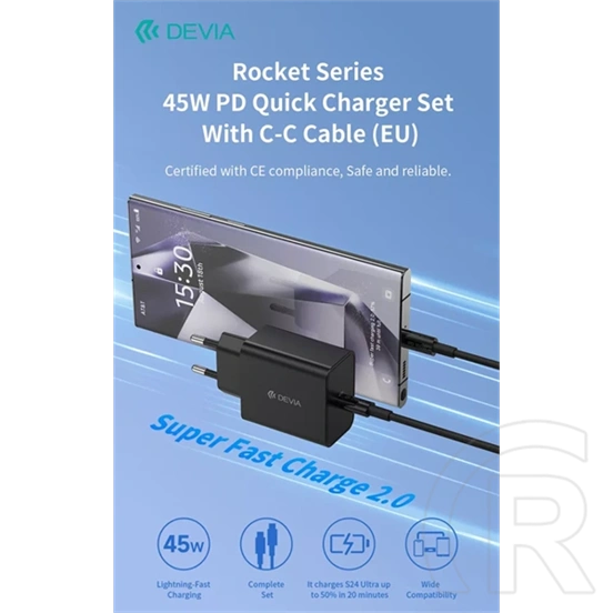 Devia Rocket ST111141 asztali töltő (45w, PD, QC, Type-C/Type-C kábel 1,5m, adatátvitel, fekete)