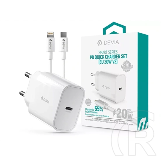 Devia ST383847 hálózati töltő (Type-C 20W, Lightning kábel 1 m, PD3.0/QC3.0, fehér)