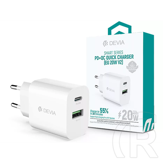 Devia ST385247 20W Type-C + USB PD+QC fehér hálózati töltő adapter