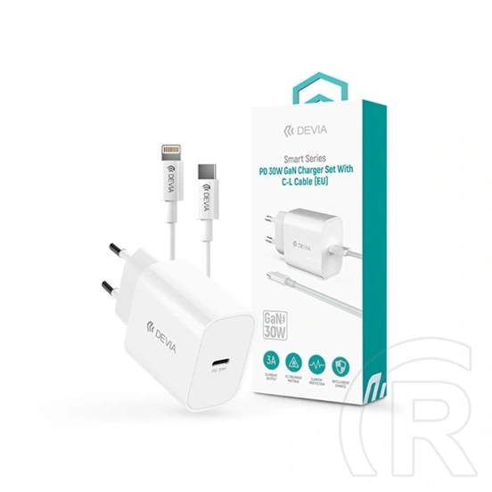 Devia Smart Series 30W GaN hálózati adapter (Type-C csatlakozó, Type-C és Lightning kábel 1 m, PD, QC, PPS támogatás, fe