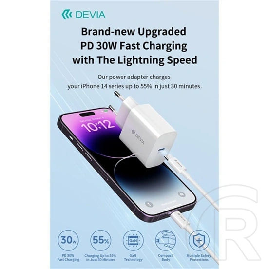 Devia Smart Series 30W GaN hálózati adapter (Type-C csatlakozó, Type-C és Lightning kábel 1 m, PD, QC, PPS támogatás, fe