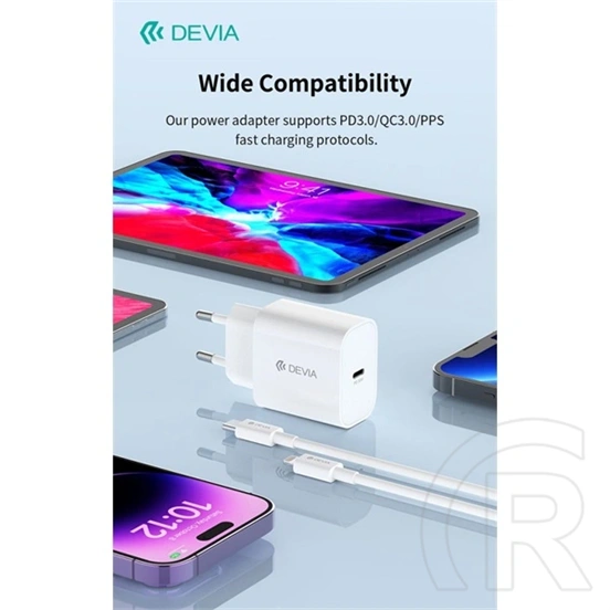 Devia Smart Series 30W GaN hálózati adapter (Type-C csatlakozó, Type-C és Lightning kábel 1 m, PD, QC, PPS támogatás, fe
