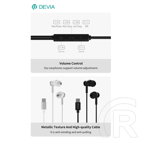 Devia Smart Series M1 Metal in-ear fülhallgató USB-C (mikrofon, 10 mm hangszóró, 120 cm kábel, fekete)
