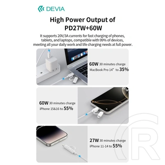 Devia Smart Series adat- és töltőkábel (C dugó / Lightning, C dugó / C dugó, 60 W + 27 W, PD, 1,2 m, fehér)
