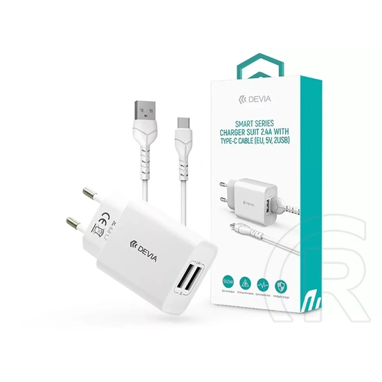 Devia Smart Series hálózati töltő adapter (2xUSB-A aljzat, 12 W, 1 m USB-C kábel, fehér)