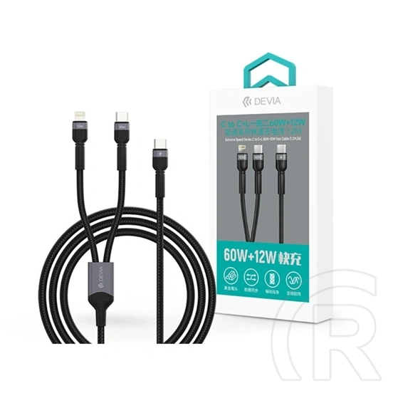 Devia Type-C - Type-C, Lightning adat- és töltőkábel (1,2 m, 60W+12W, fekete)