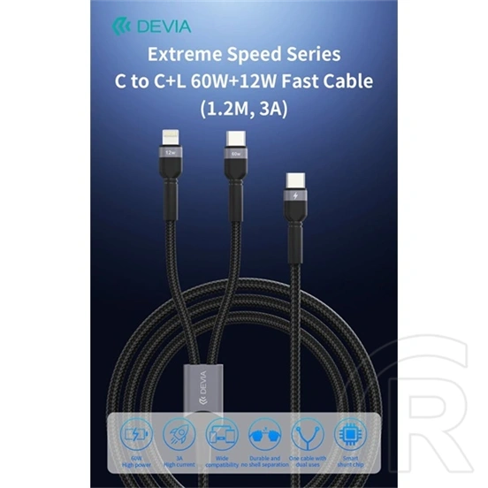 Devia Type-C - Type-C, Lightning adat- és töltőkábel (1,2 m, 60W+12W, fekete)