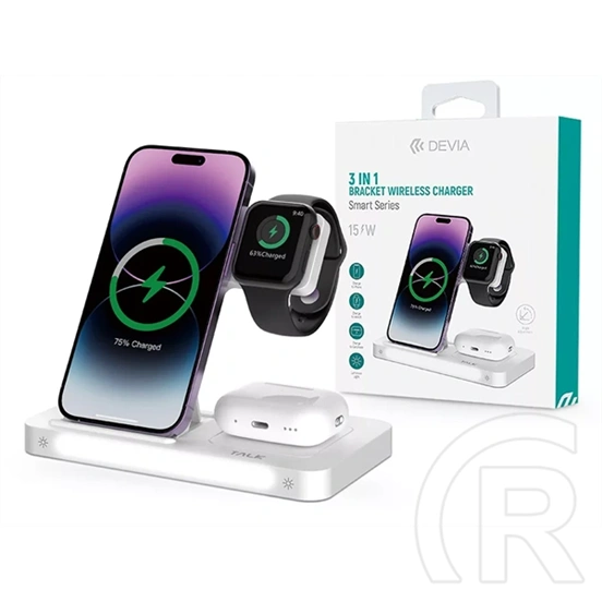 Devia asztali töltő 3in1 (15W, Qi, vezeték nélküli, mobiltelefon töltő, Apple watch töltő, AirPods töltő, 1m kábel, fehé