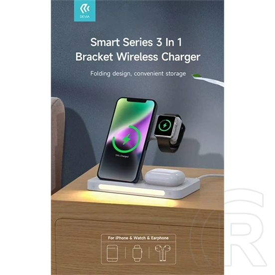 Devia asztali töltő 3in1 (15W, Qi, vezeték nélküli, mobiltelefon töltő, Apple watch töltő, AirPods töltő, 1m kábel, fehé