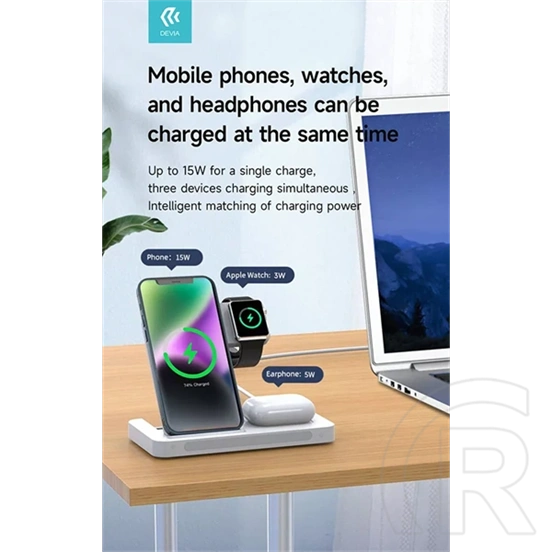 Devia asztali töltő 3in1 (15W, Qi, vezeték nélküli, mobiltelefon töltő, Apple watch töltő, AirPods töltő, 1m kábel, fehé