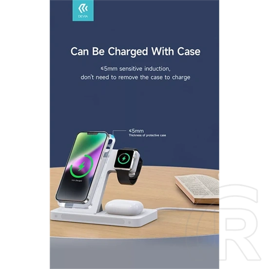 Devia asztali töltő 3in1 (15W, Qi, vezeték nélküli, mobiltelefon töltő, Apple watch töltő, AirPods töltő, 1m kábel, fehé