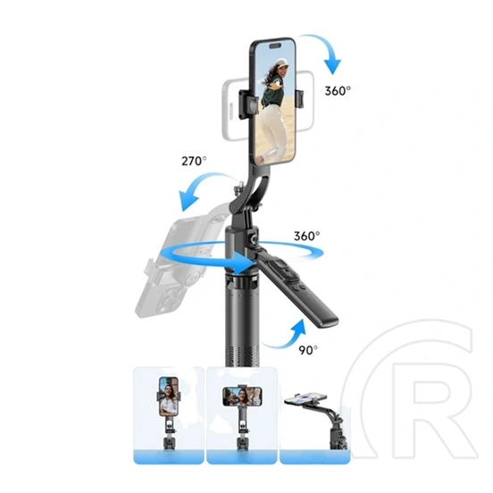Devia es086c17 szelfibot (univerzális, 360°, tripod állvány, állítható, bluetooth távkioldó, 70cm, 6.7" méretig) fekete
