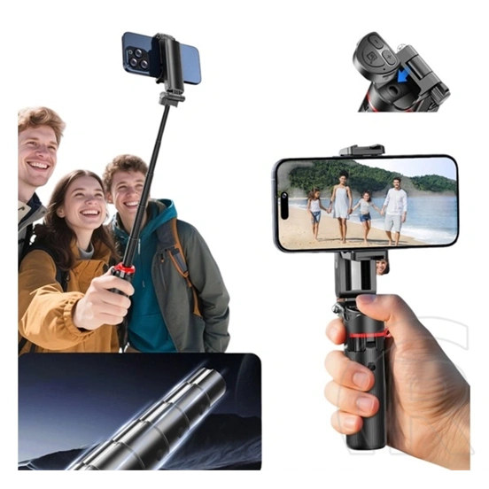 Devia pro2 szelfibot (univerzális, 360°, tripod állvány, állítható, bluetooth távkioldó, 64cm, 4.7-6.7" méret) fekete