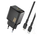 Dudao a26leu hálózati töltő type-c aljzat (20w, gan, pd gyorstöltő + lightning kábel) fekete