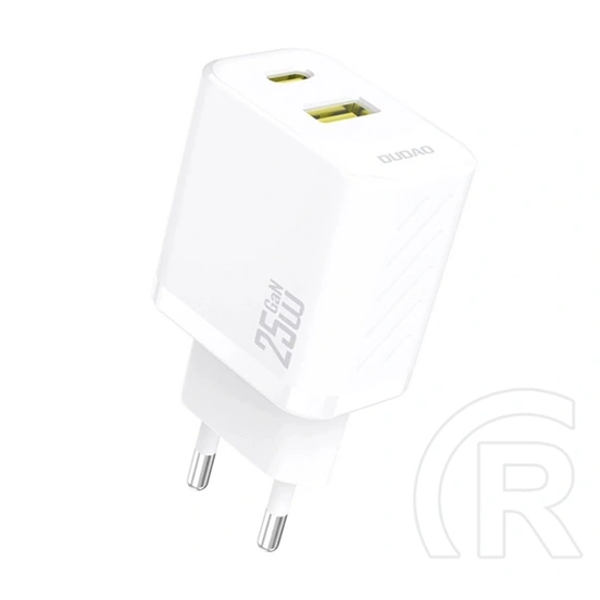 Dudao a26t hálózati töltő (USB-A + USB-C aljzat, 25 W, GaN, PD gyorstöltő, fehér)