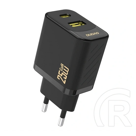 Dudao a26t hálózati töltő (USB-A + USB-C aljzat, 25 W, GaN, PD gyorstöltő, fekete)