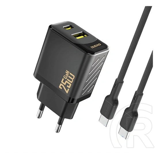Dudao a26tceu hálózati töltő (USB-A + USB-C aljzat, 25 W, GaN, PD gyorstöltő + USB-C kábel, fekete)