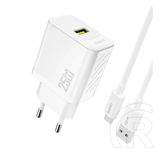Dudao a27steu hálózati töltő (USB-A aljzat, 25 W, GaN, PD gyorstöltő + USB-C kábel, fehér)