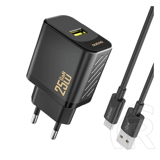 Dudao a27steu hálózati töltő (USB-A aljzat, 25 W, GaN, PD gyorstöltő + USB-C kábel, fekete)