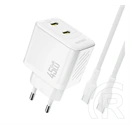 Dudao a28pceu hálózati töltő 2 type-c aljzat (45w, gan, pd gyorstöltő + type-c kábel) fehér