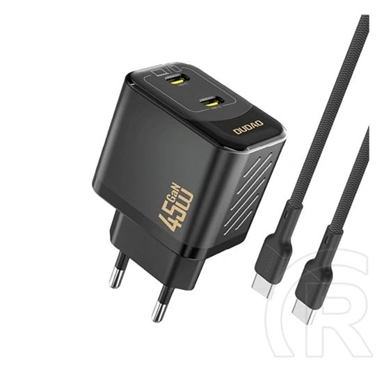 Dudao a28pceu hálózati töltő 2 type-c aljzat (45w, gan, pd gyorstöltő + type-c kábel) fekete