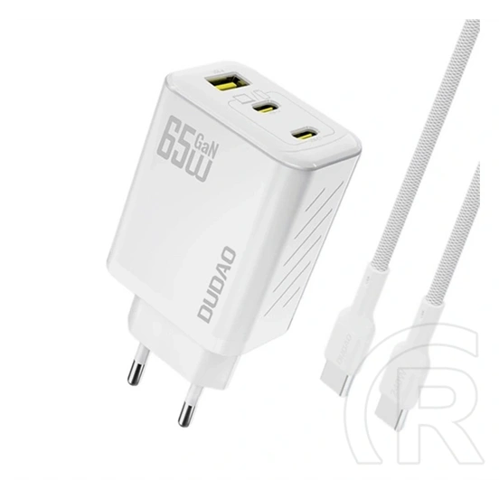 Dudao a29c hálózati töltő usb+2 type-c aljzat (65w, gan, pd gyorstöltő + type-c kábel) fehér