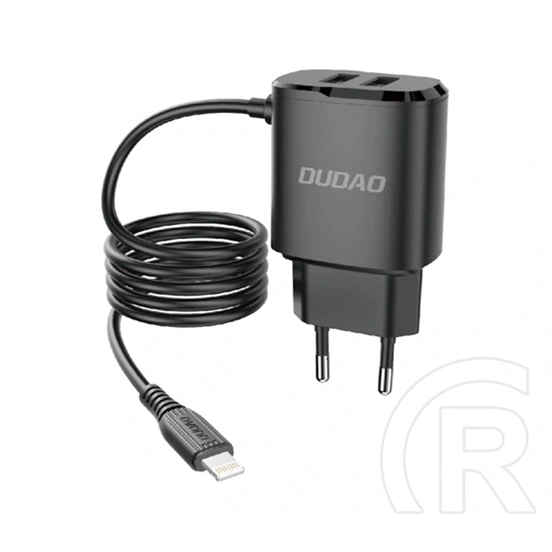Dudao a67eu hálózati töltő 2 usb aljzat (12w + fix lightning kábel) fekete