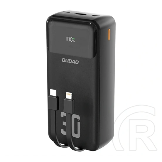 Dudao k15max vésztöltő usb+2 type-c aljzat (30000mah, 22.5w, led kijelző + fix type-c/lightning kábel) fekete