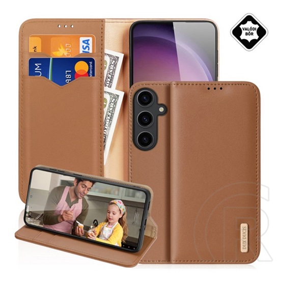 Dux Ducis Samsung Galaxy S25 Plus (SM-S936) hivo tok álló, valódi bőr (flip, asztali tartó, kártyazseb, rfid) barna
