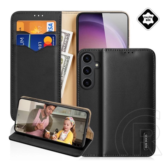 Dux Ducis Samsung Galaxy S25 Plus (SM-S936) hivo tok álló, valódi bőr (flip, asztali tartó, kártyazseb, rfid) fekete