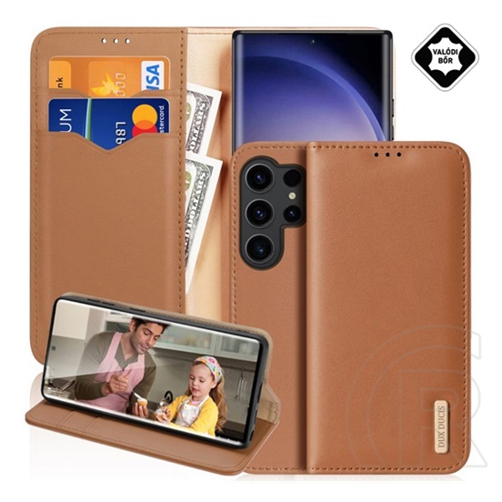 Dux Ducis Samsung Galaxy S25 Ultra (SM-S938) hivo tok álló, valódi bőr (flip, asztali tartó, kártyazseb, rfid) barna