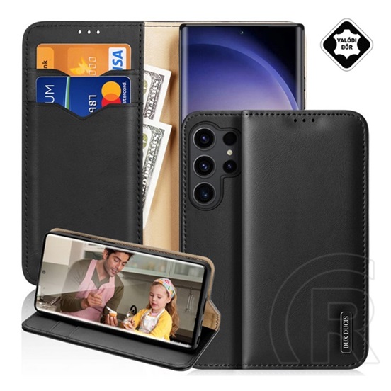 Dux Ducis Samsung Galaxy S25 Ultra (SM-S938) hivo tok álló, valódi bőr (flip, asztali tartó, kártyazseb, rfid) fekete
