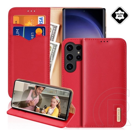 Dux Ducis Samsung Galaxy S25 Ultra (SM-S938) hivo tok álló, valódi bőr (flip, asztali tartó, kártyazseb, rfid) piros