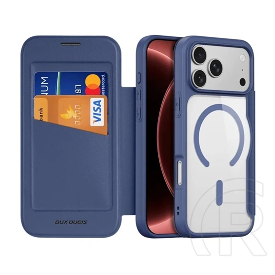 Dux Ducis iPhone 18 Pro Max  skin x pro open ring tok álló, bőr hatású (flip, oldalra nyíló, rfid, magsafe) sötétkék