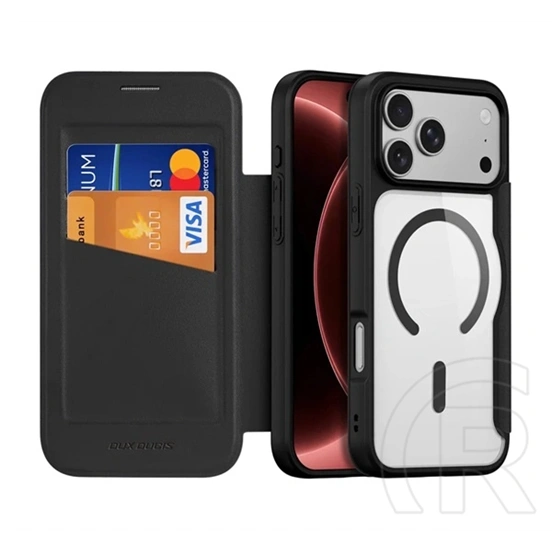 Dux Ducis iPhone 18 Pro  skin x pro open ring tok álló, bőr hatású (flip, oldalra nyíló, rfid, magsafe) fekete
