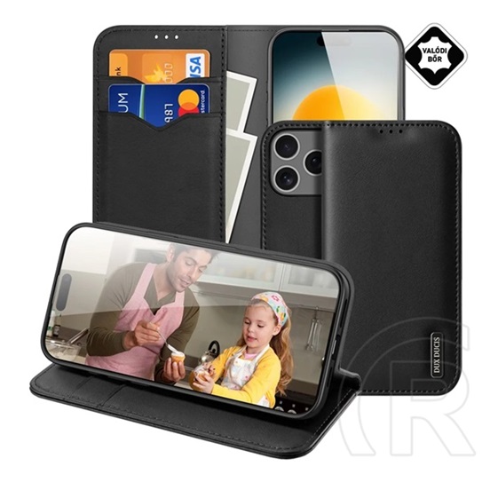 Dux ducis Apple iPhone 17 Pro hivo tok álló, valódi bőr (flip, oldalra nyíló, asztali tartó, kártyazseb, rfid) fekete