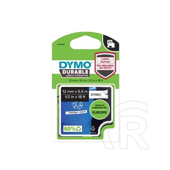 Dymo D1 feliratozógép szalag, 12 mm x 5,5 m, fehér-fekete